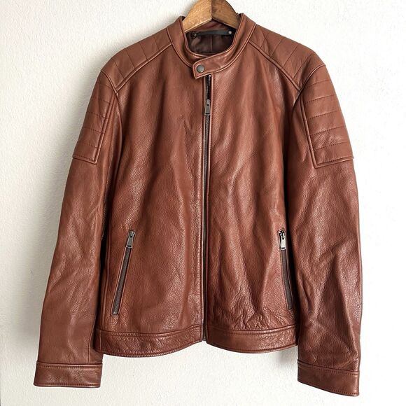 Cole Haan Leather Racer Moto Jacket Mens Large Brown - Picture 1 of 8